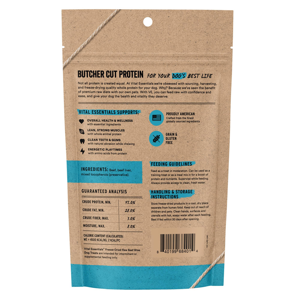Vital Essentials beef bites close-up; single-protein nutrition for sensitive dogs.