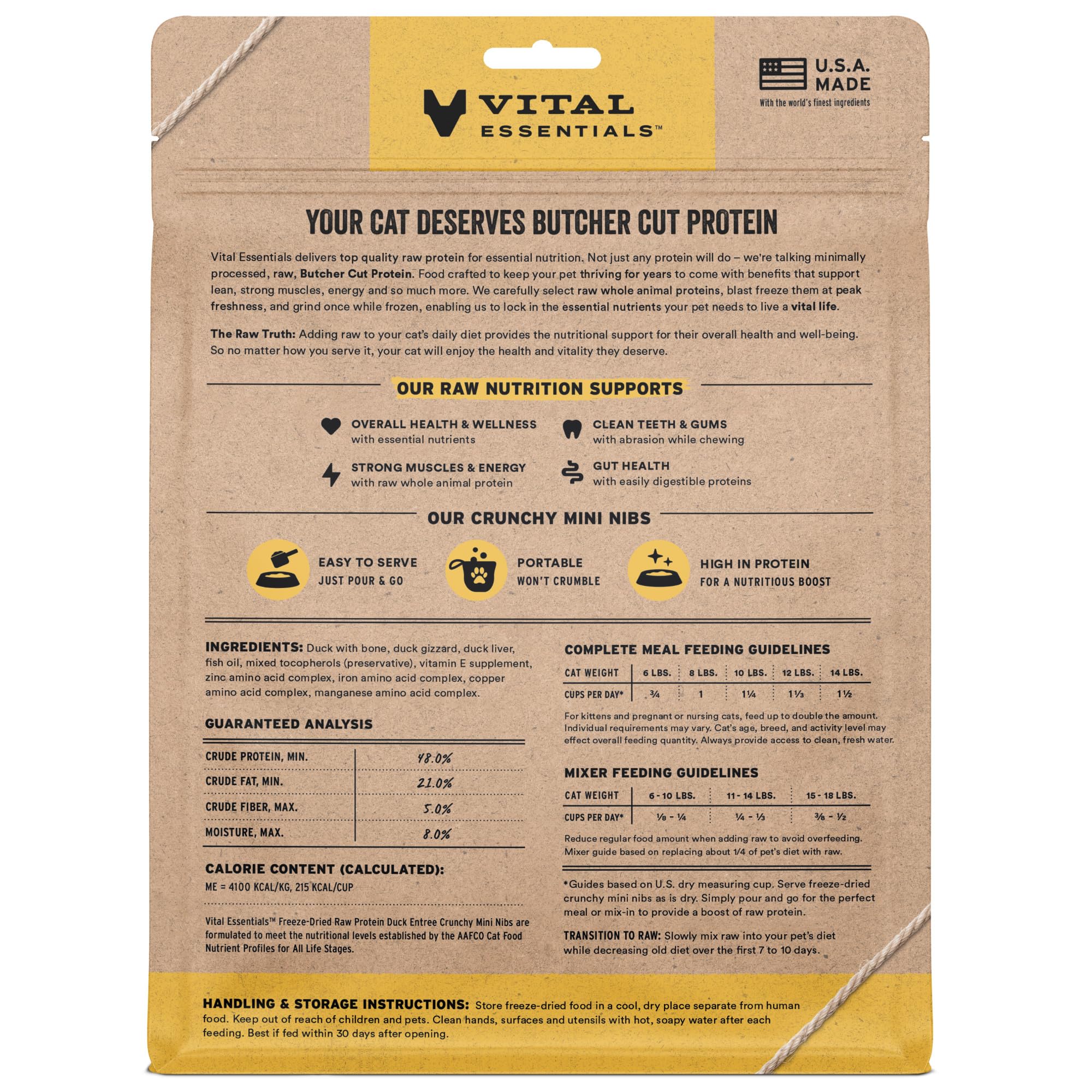 Vital Essentials duck mini nibs close-up shows crunchy texture for meal-time protein.