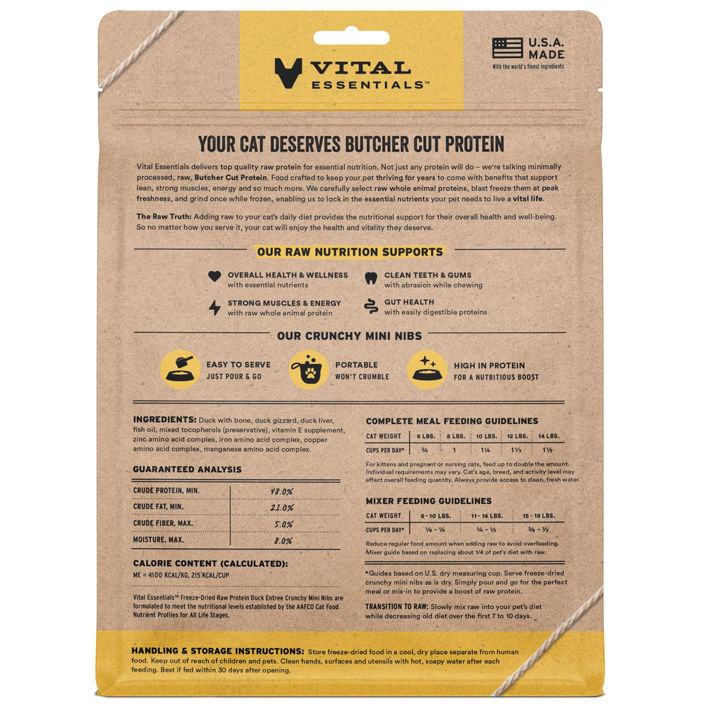 Vital Essentials duck mini nibs close-up shows crunchy texture for meal-time protein.