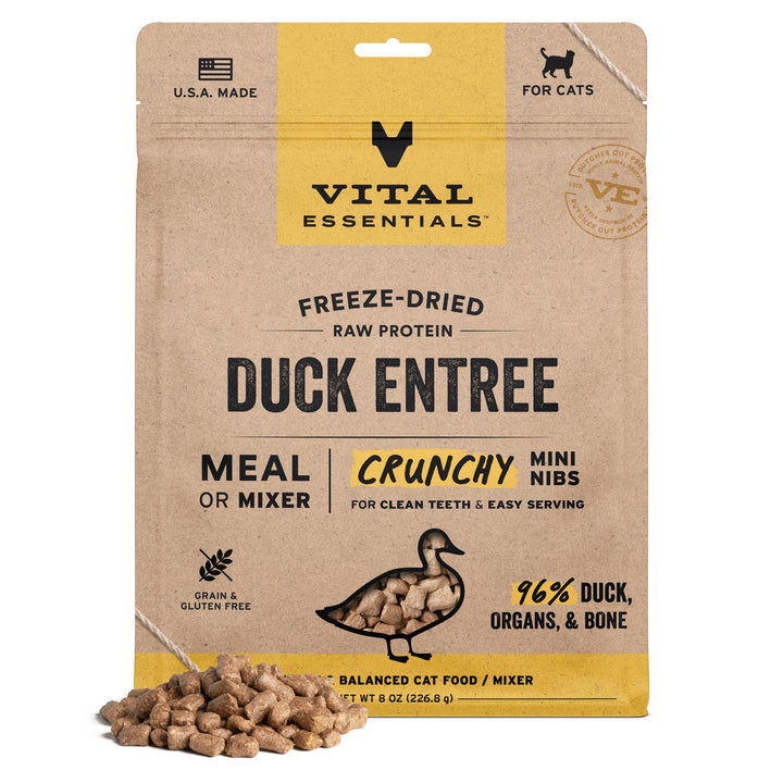 Vital Essentials freeze-dried duck cat food mini nibs in a bowl, a complete protein-rich meal.