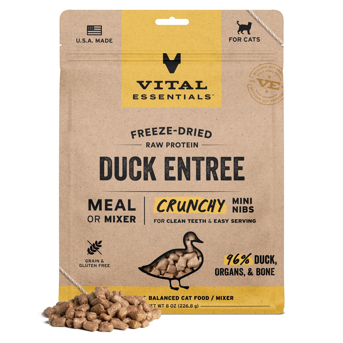 Vital Essentials freeze-dried duck cat food mini nibs in a bowl, a complete protein-rich meal.