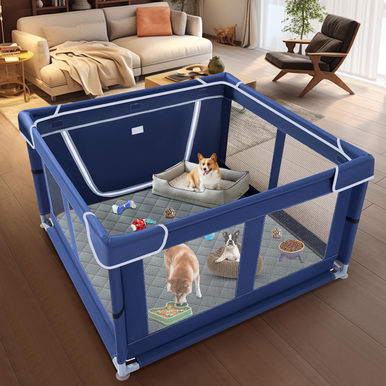 XVISHX dog pads inside pen emphasize comfortable, washable surface during indoor training.