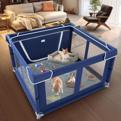XVISHX dog pads inside pen emphasize comfortable, washable surface during indoor training.
