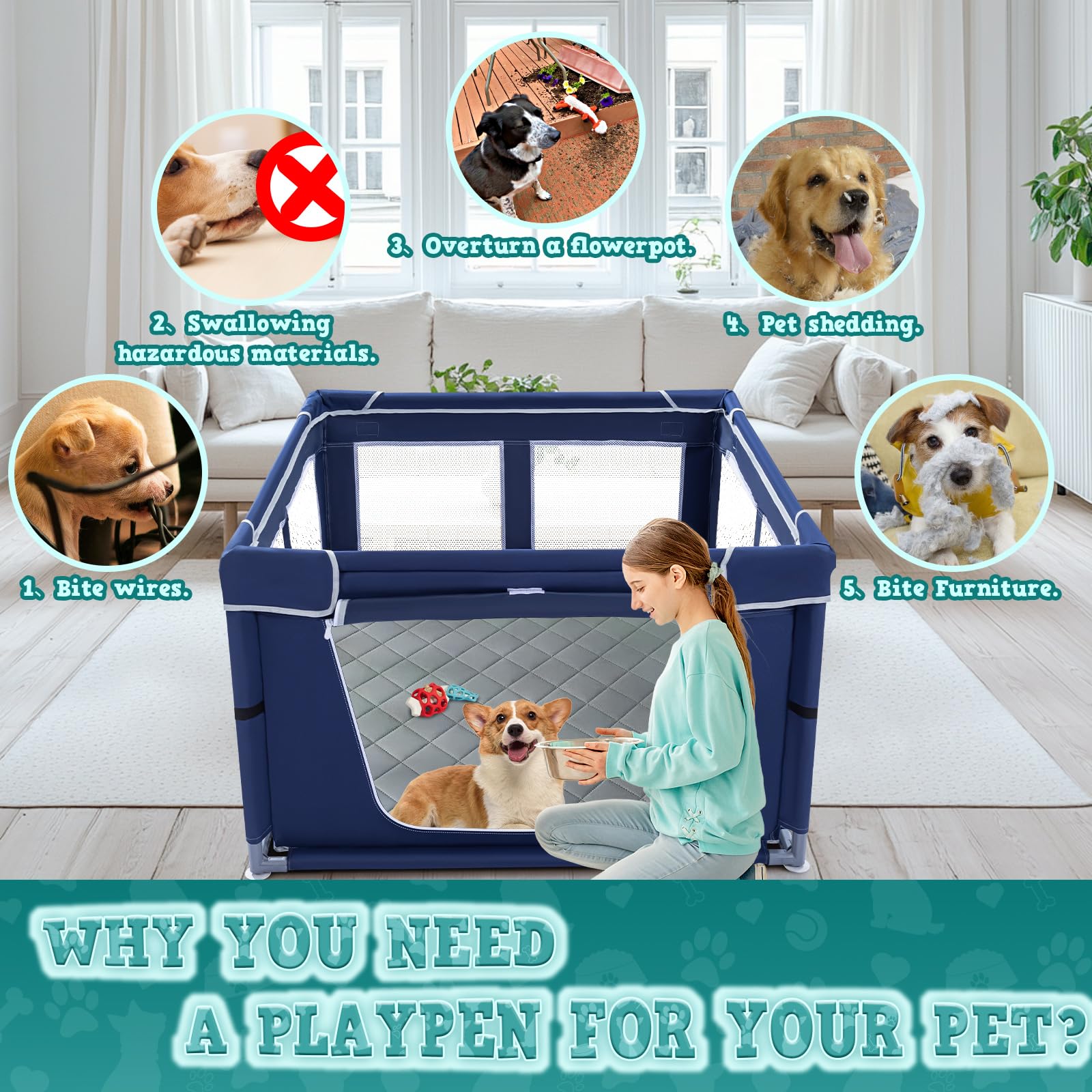 XVISHX playpen side view highlights ample 12.25 sq ft space for multiple puppies.