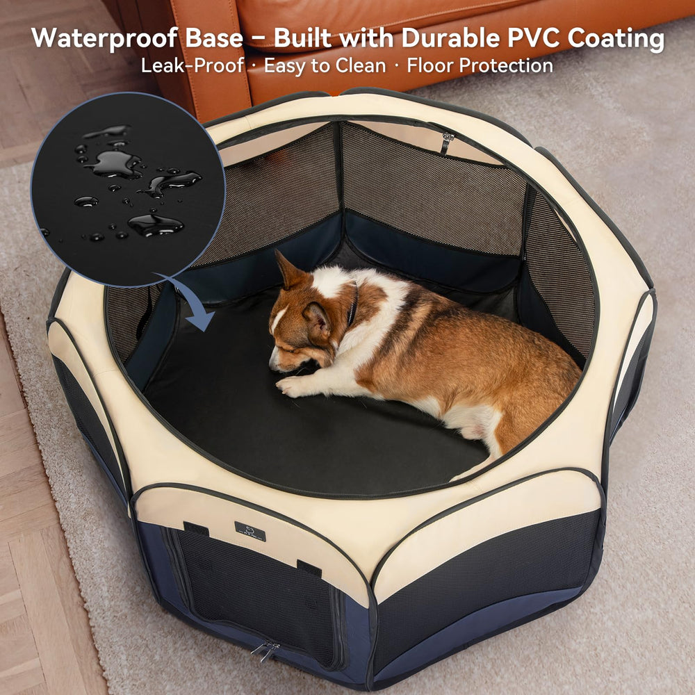 A 4 Pet Dog Playpen with waterproof floor protects floors during messes.