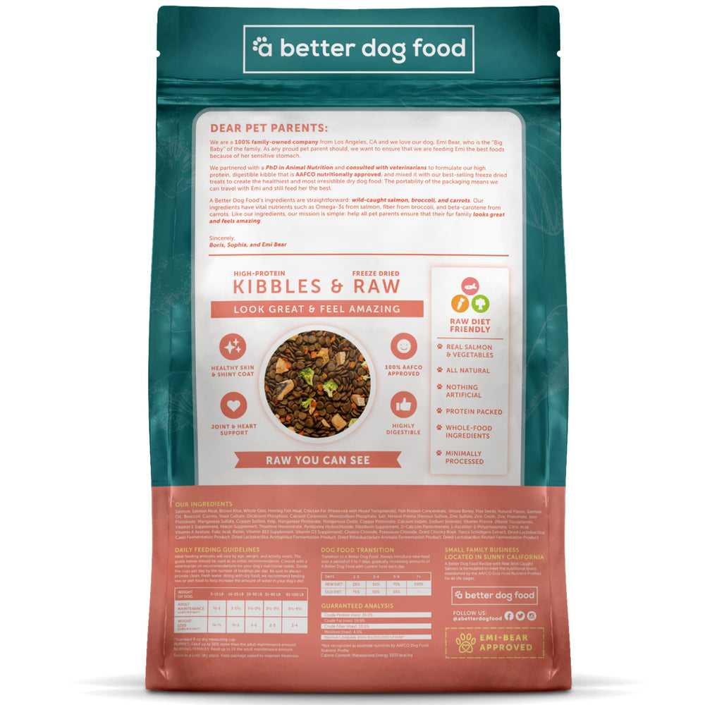 A Better Treat dog enjoying a complete meal with kibble and freeze-dried pieces