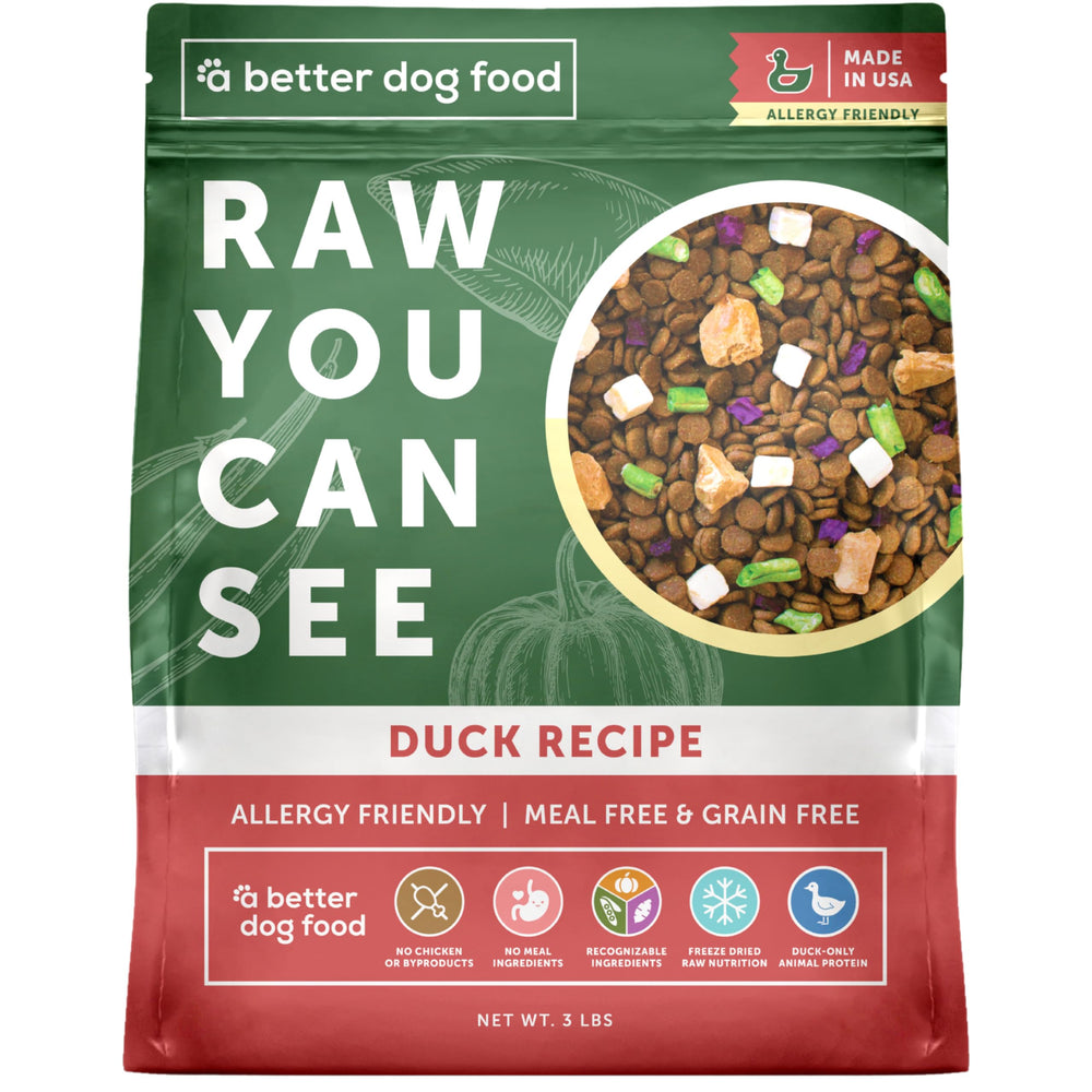 A Better Treat brand duck dry dog food bag front showing packaging for easy feeding