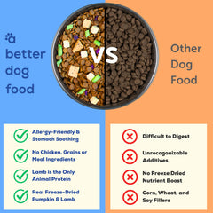 A Better Treat freeze dried lamb pieces highlight protein-rich chunks appealing to picky eaters.