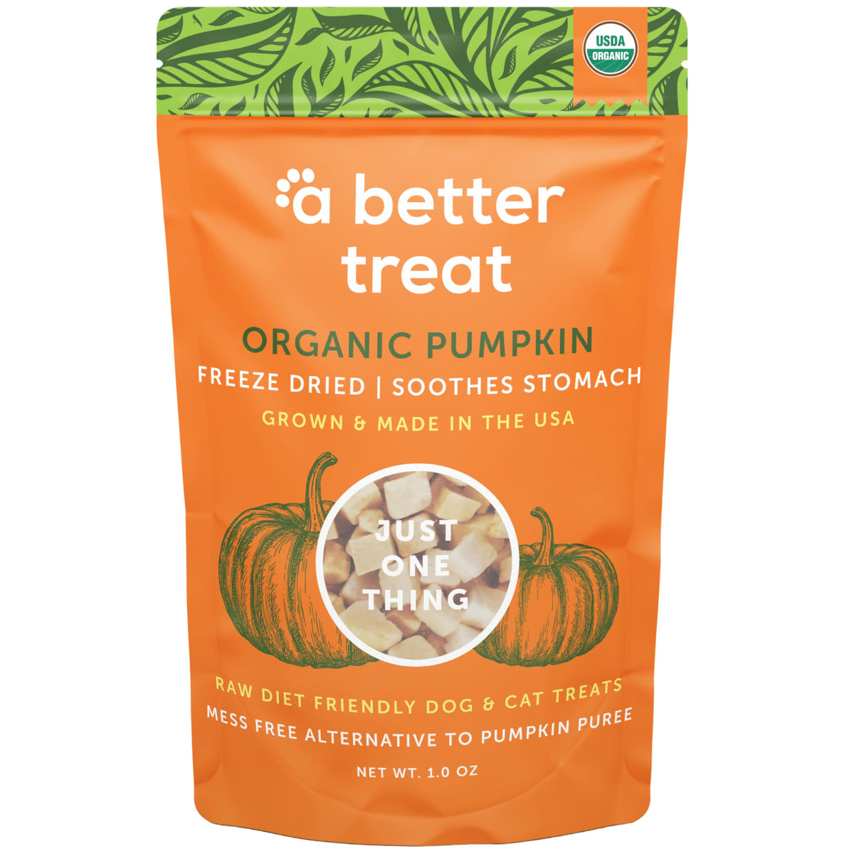 A Better Treat freeze-dried organic pumpkin treats in package, ideal for tasty training rewards.