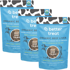 A Better Treat front packaging showing organic beef liver single-ingredient recipe.