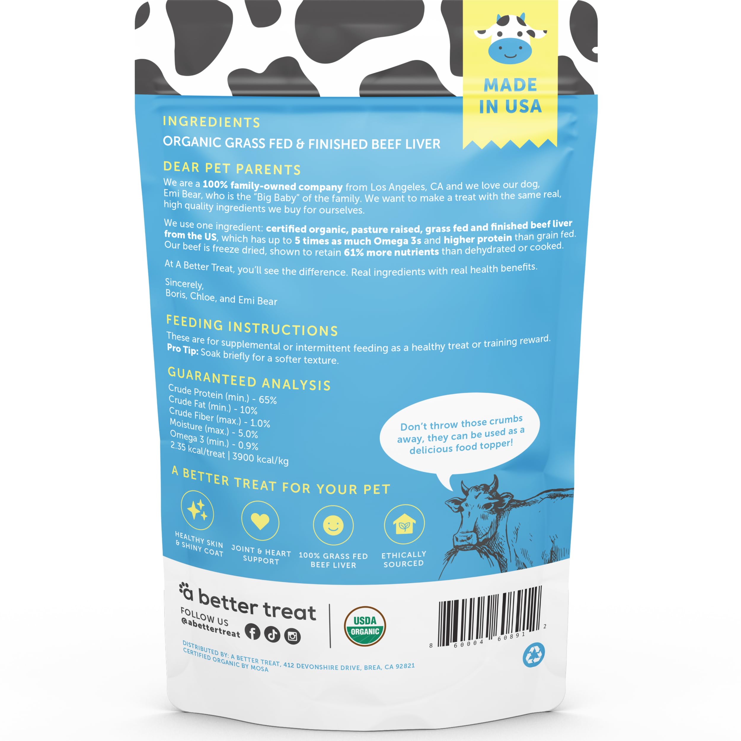 A Better Treat grain-free beef liver treat in packaging suitable for sensitive diets.