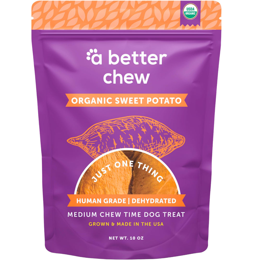 A Better Treat organic sweet potato bag shows single ingredient purity for dogs.