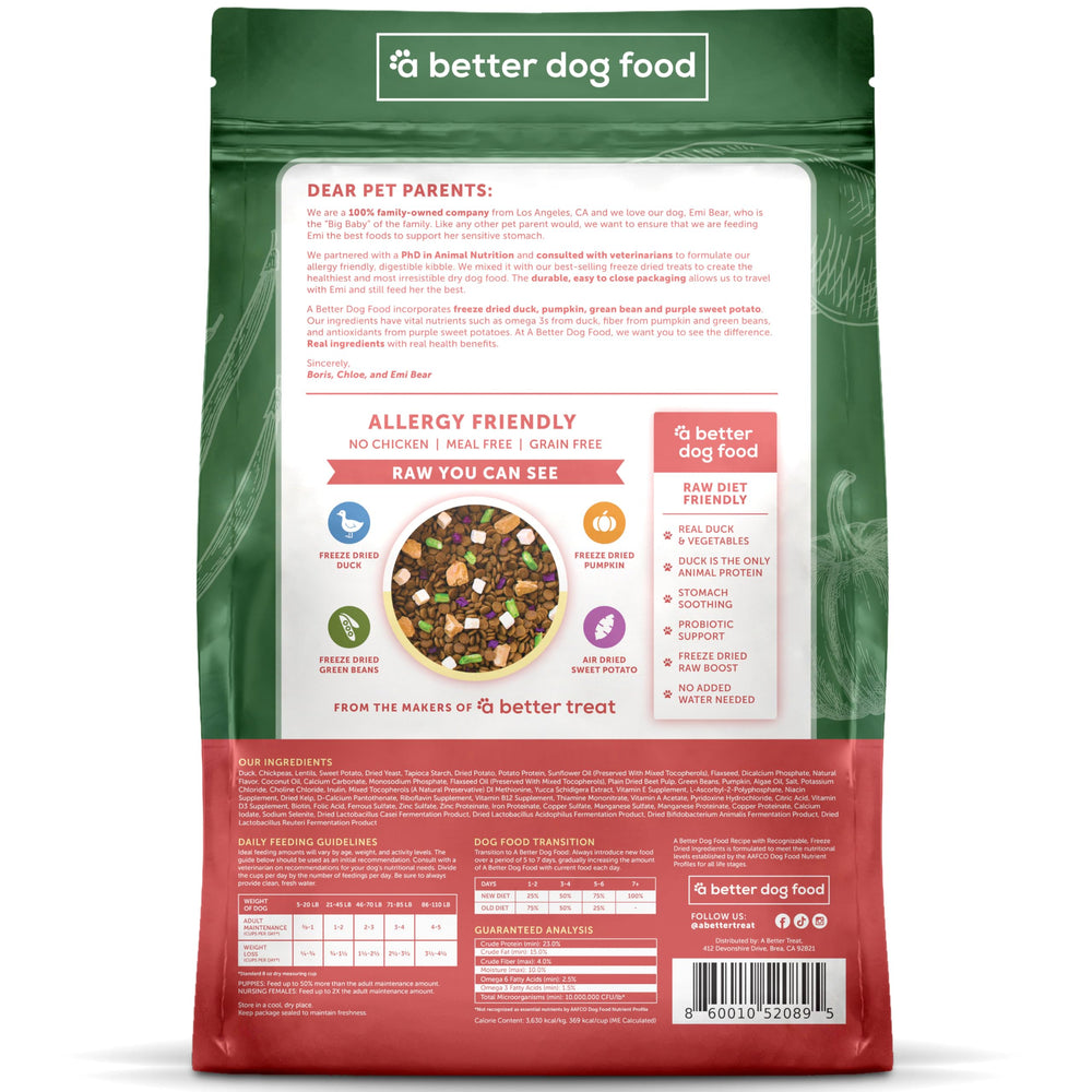A Better Treat real duck and probiotic blend for balanced nutrition.
