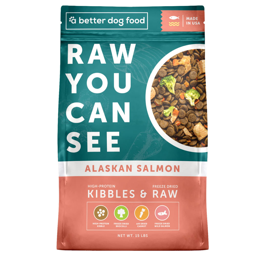 A Better Treat salmon dry dog food in a bowl showing a protein-rich meal for active dogs