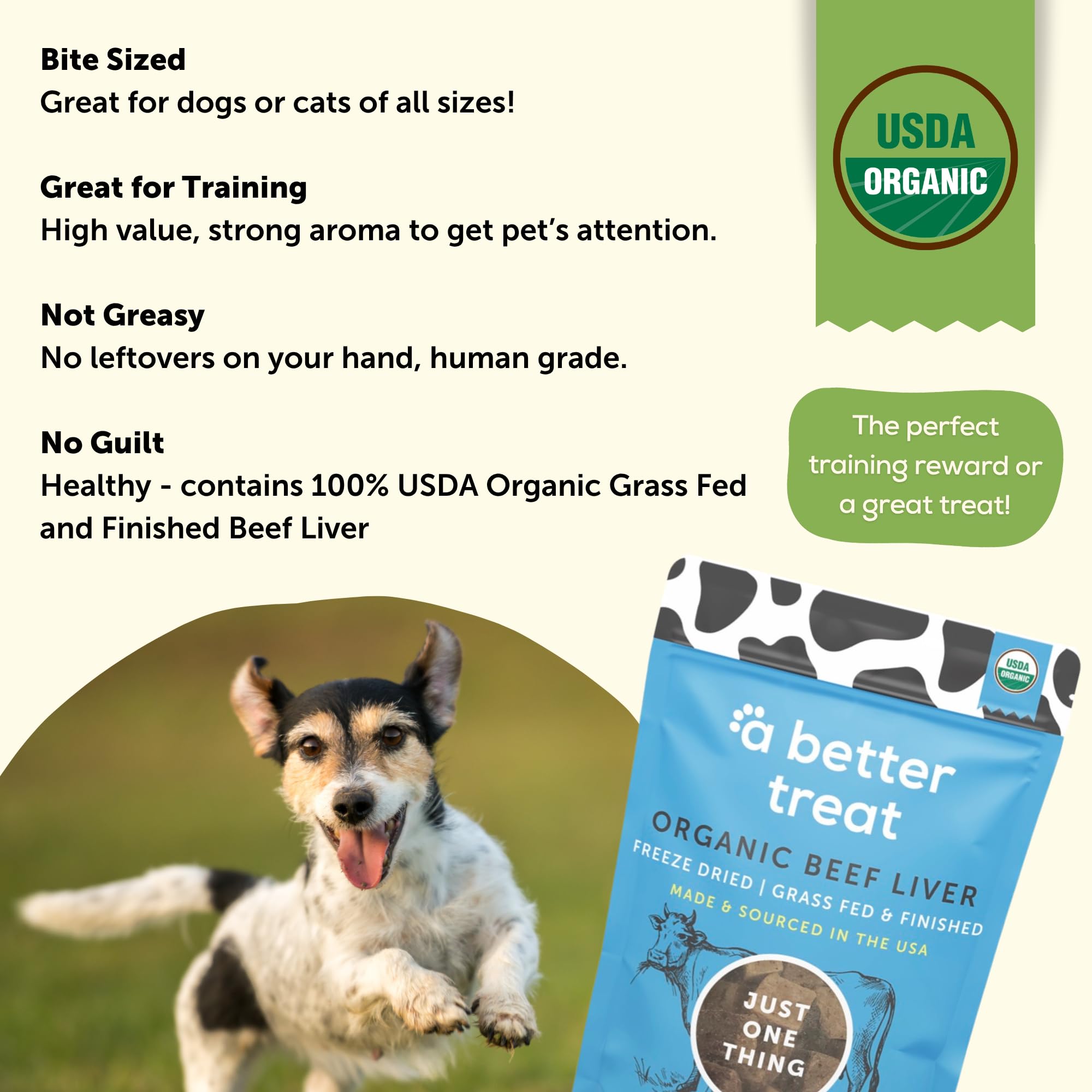 A Better Treat USA-made organic beef liver label emphasizing quality.