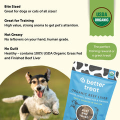 A Better Treat USA-made organic beef liver label emphasizing quality.