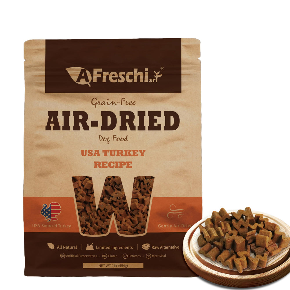 A Freschi srl air-dried puppy food with real turkey boosts palatability for picky eaters.