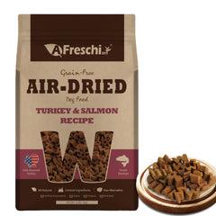 A Freschi srl air-dried turkey and salmon dog food bag for convenient feeding.