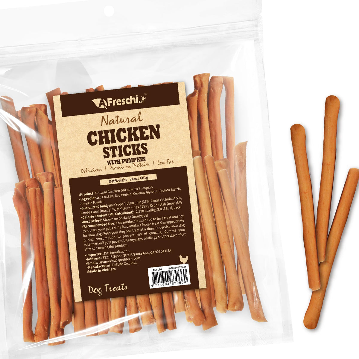 A Freschi srl Chicken Dog Treats front pack showing real chicken for tasty rewards