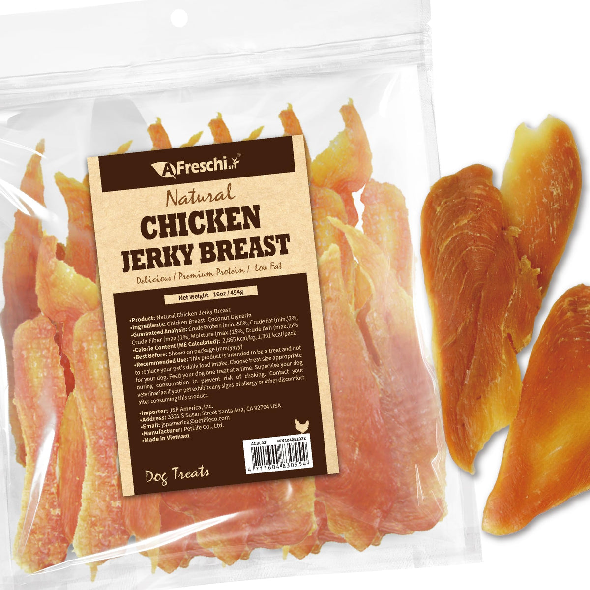 A Freschi srl Chicken Jerky pack hero shows natural, grain-free dog treats for training.