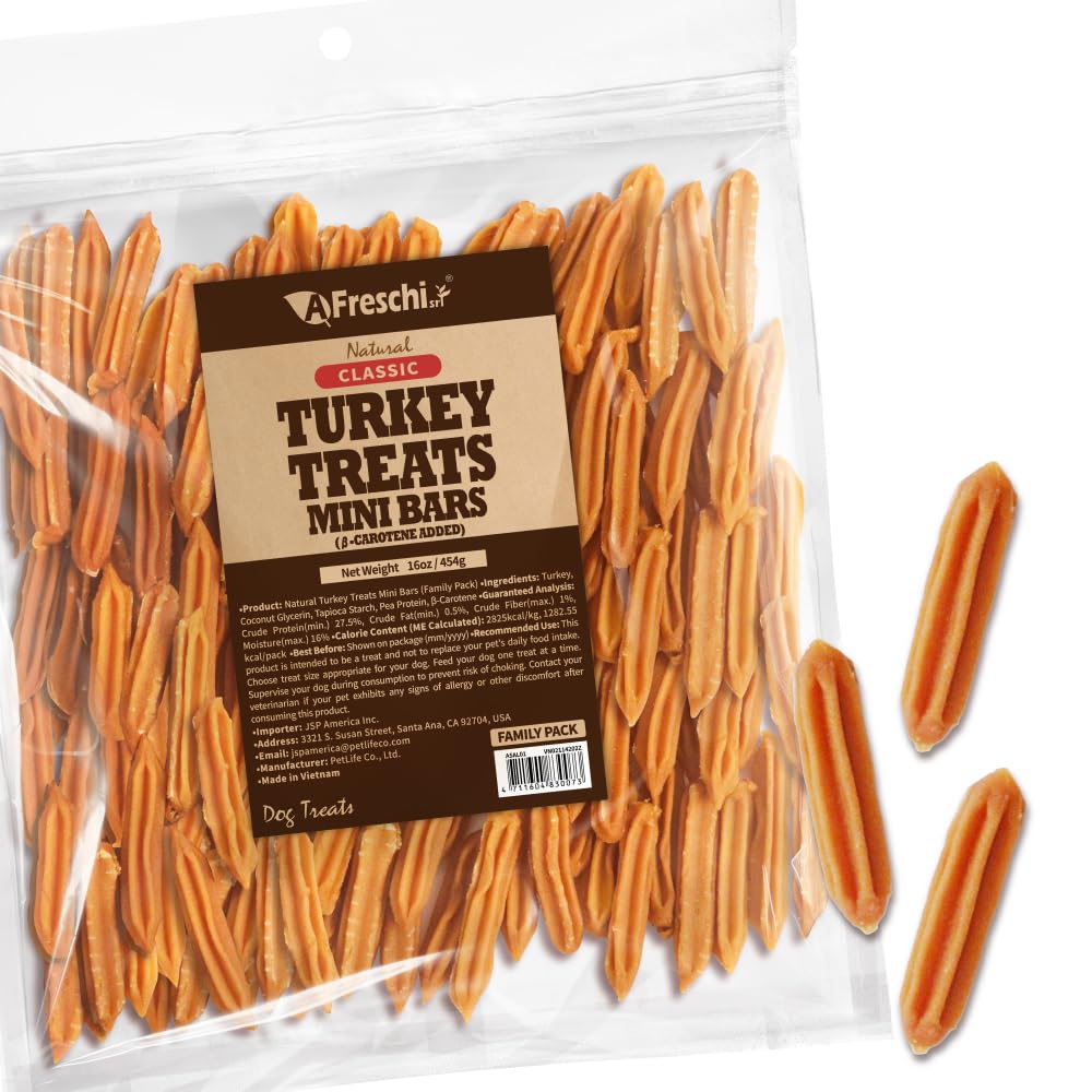 A Freschi srl natural turkey treats bag showing USA-sourced turkey for wholesome snacking.