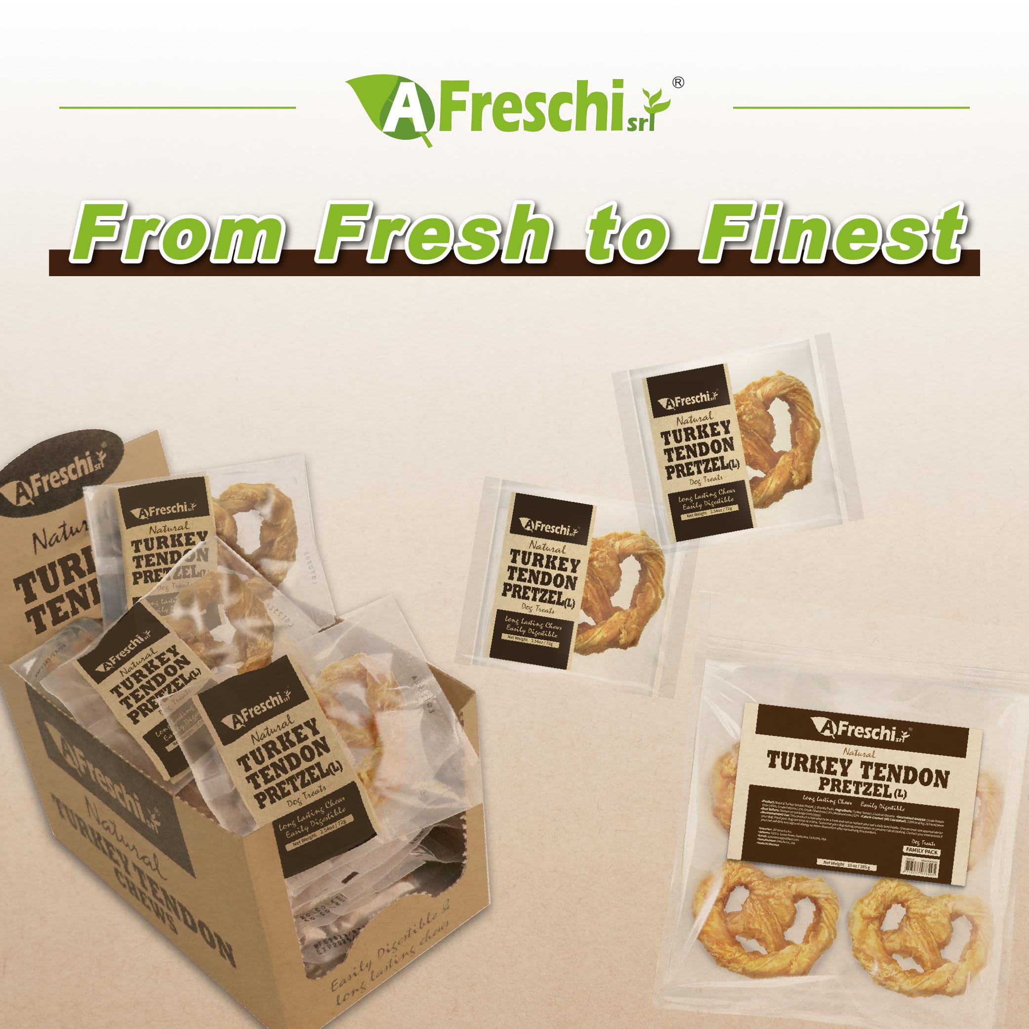 Packaging shot shows 10 oz bag of A Freschi srl treats