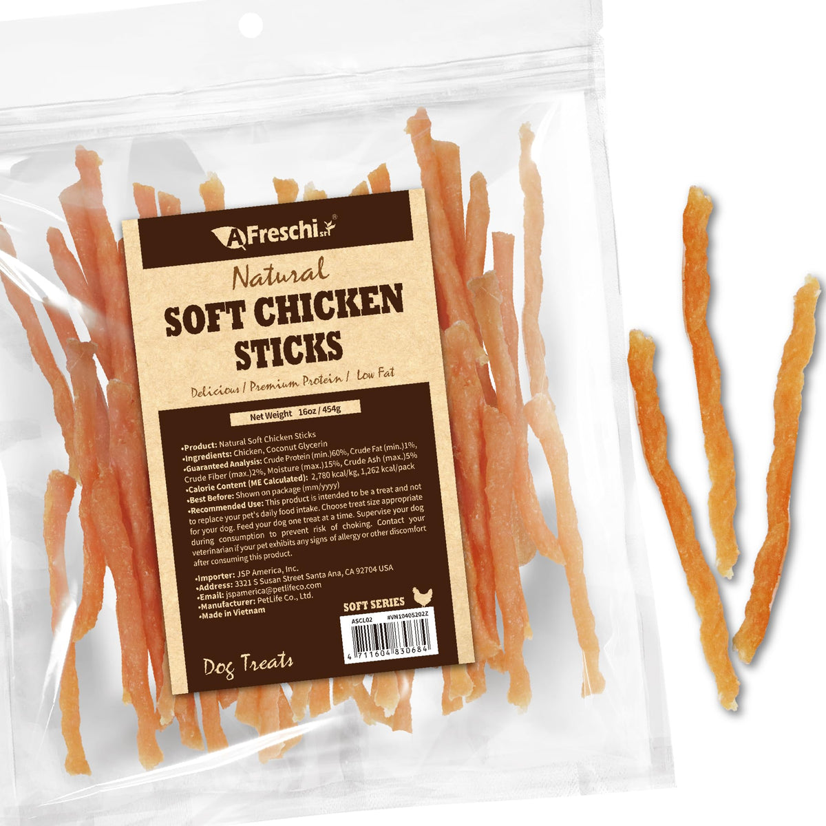 A Freschi srl soft chicken dog treats with tender bites for easy chewing.