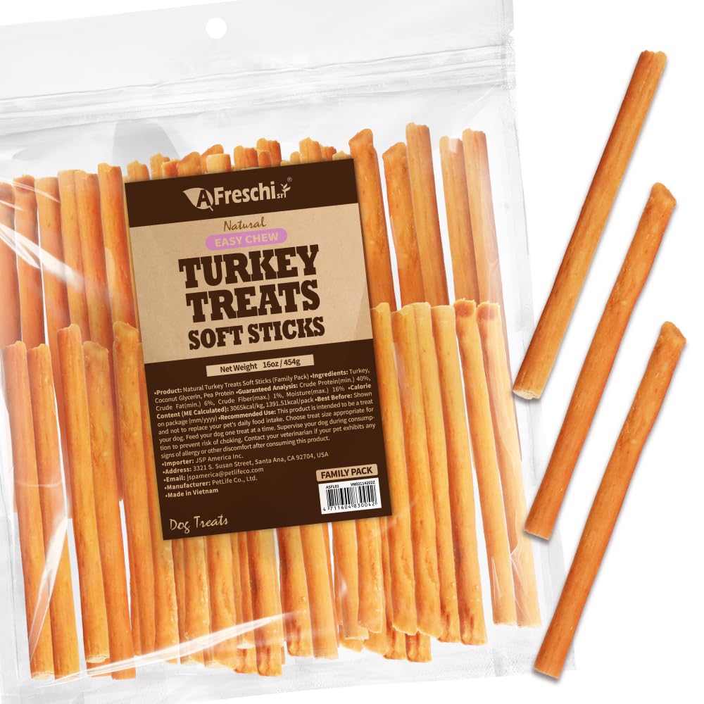 A Freschi srl soft turkey dog treats package showing USA-sourced protein for healthy snacking