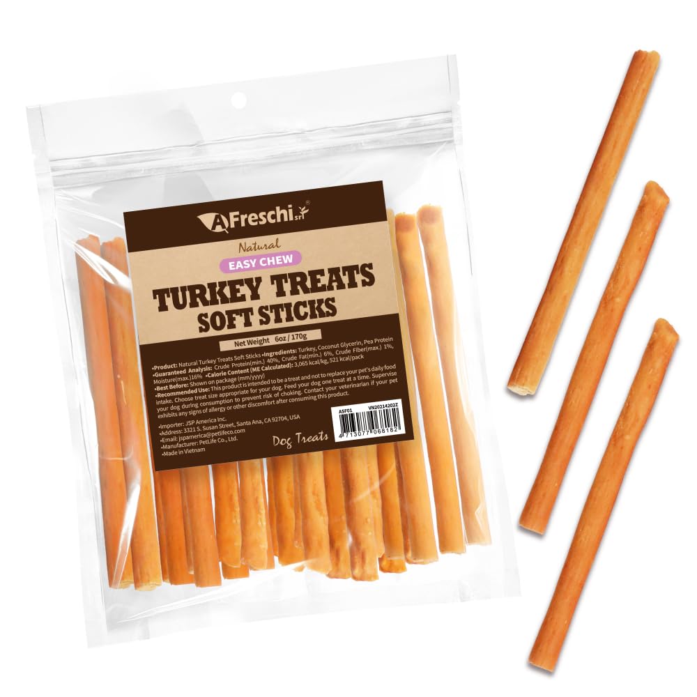 A Freschi srl Soft Turkey Dog Treats 6oz stick ready for training reward.