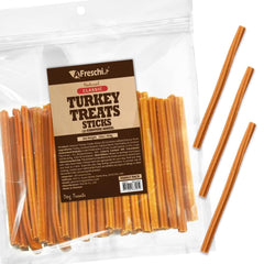 A Freschi srl turkey dog treats bag front highlighting USA-sourced recipe for healthy dogs.