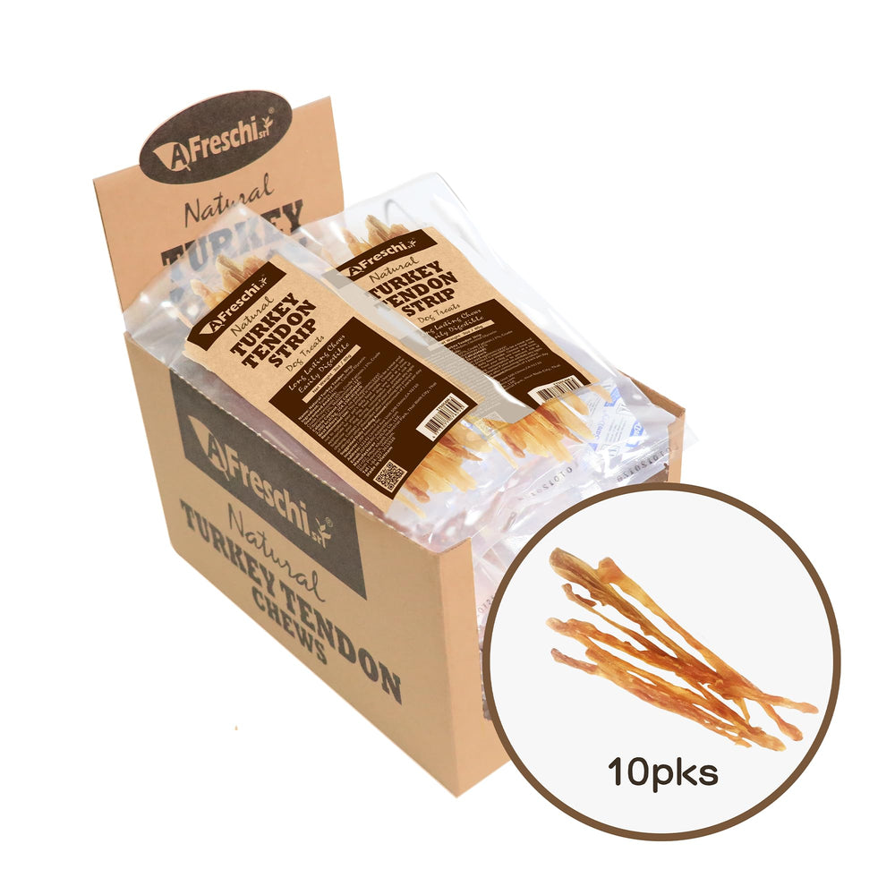 A Freschi srl turkey tendon strips packaging close-up, premium hypoallergenic chew for small dogs.
