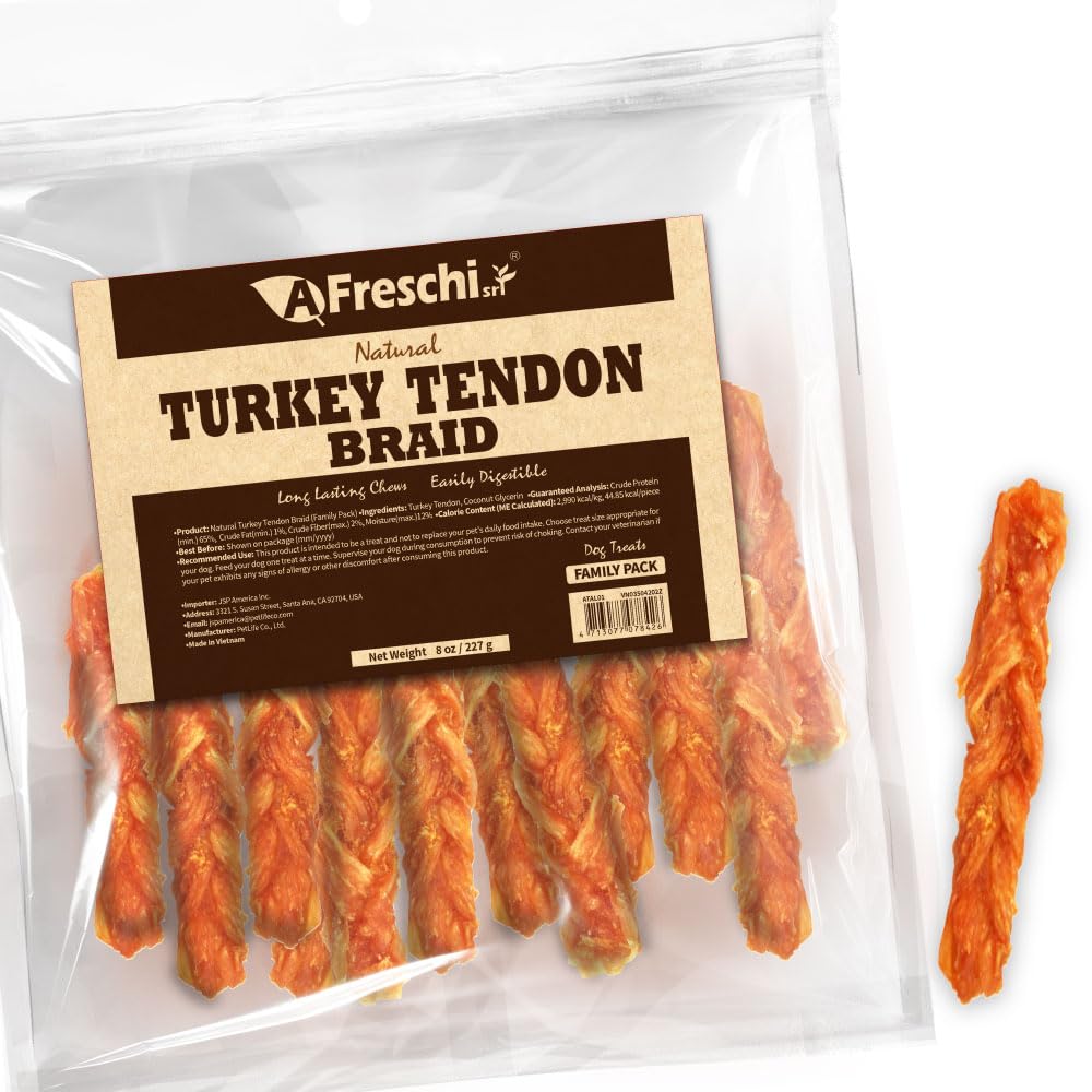 A Freschi srl turkey tendon dog chews pack 8oz highlights premium USA-sourced protein for daily chews.