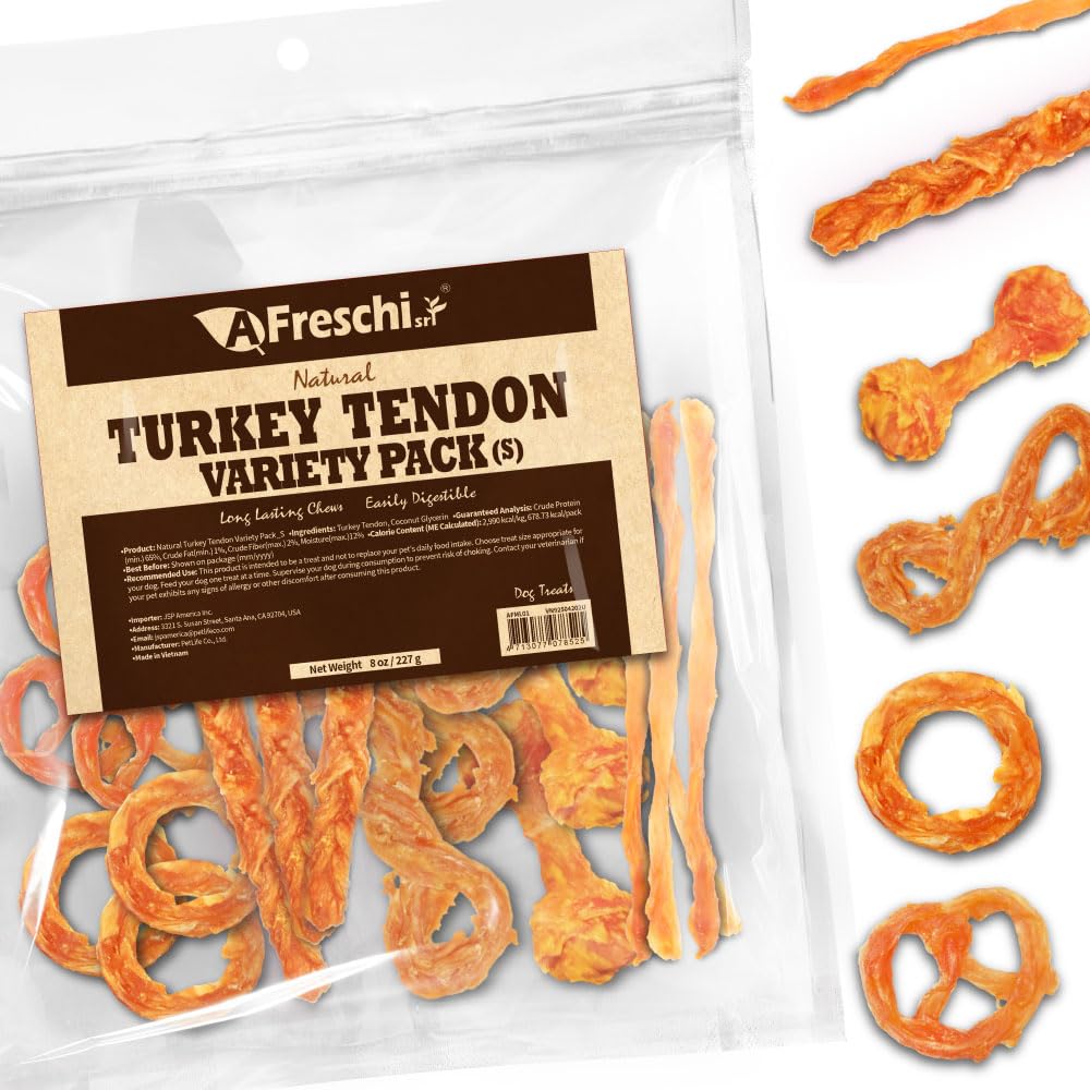 A Freschi srl turkey tendons 8 oz pack for dogs, ideal for moderate chewers.