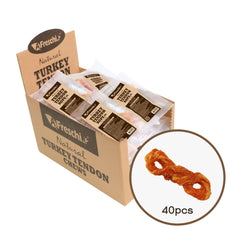 A Freschi Turkey Tendons for Dogs package front showing rawhide-free, all-natural chew.
