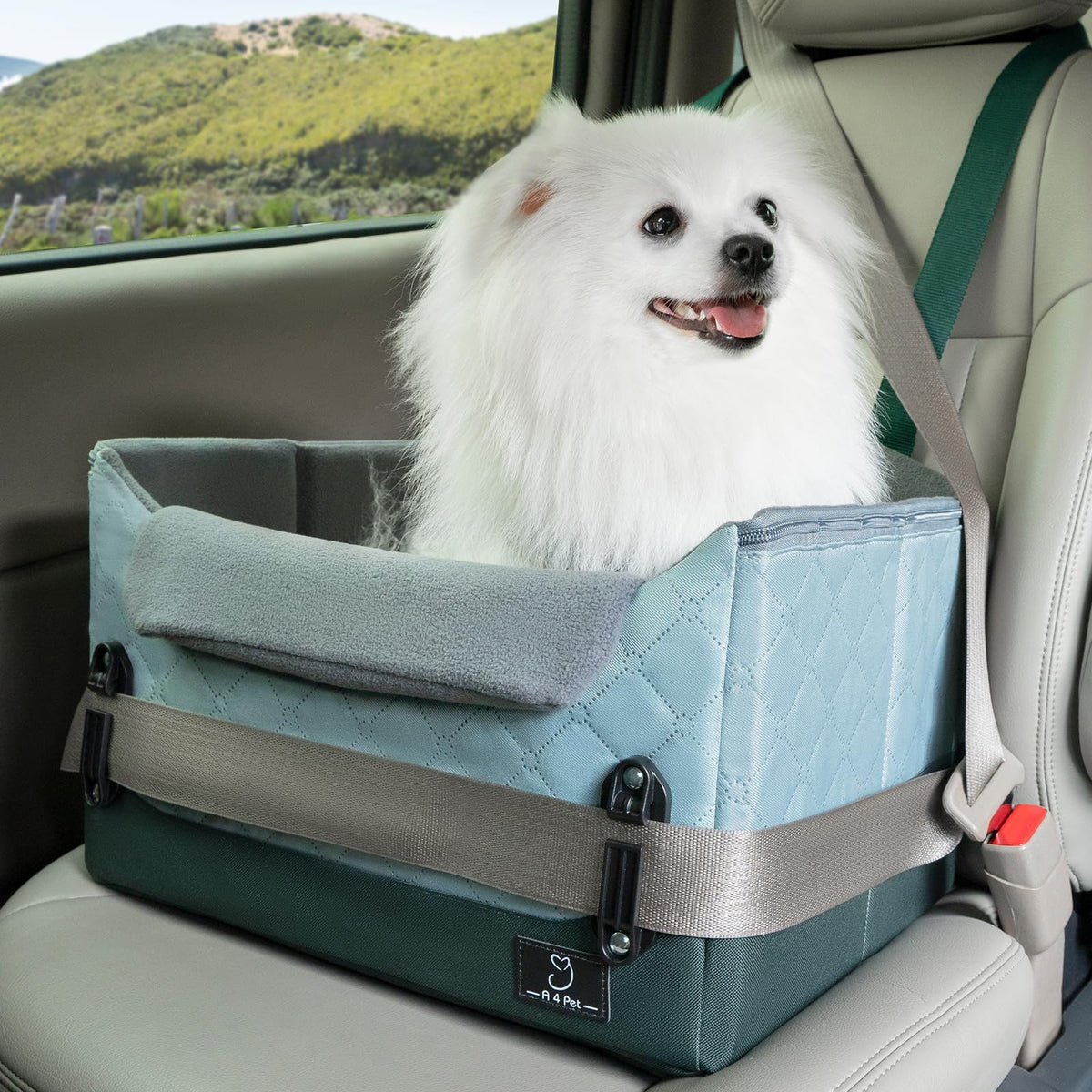 A4 Pet dog car seat front view elevates small dogs for a calm road view.