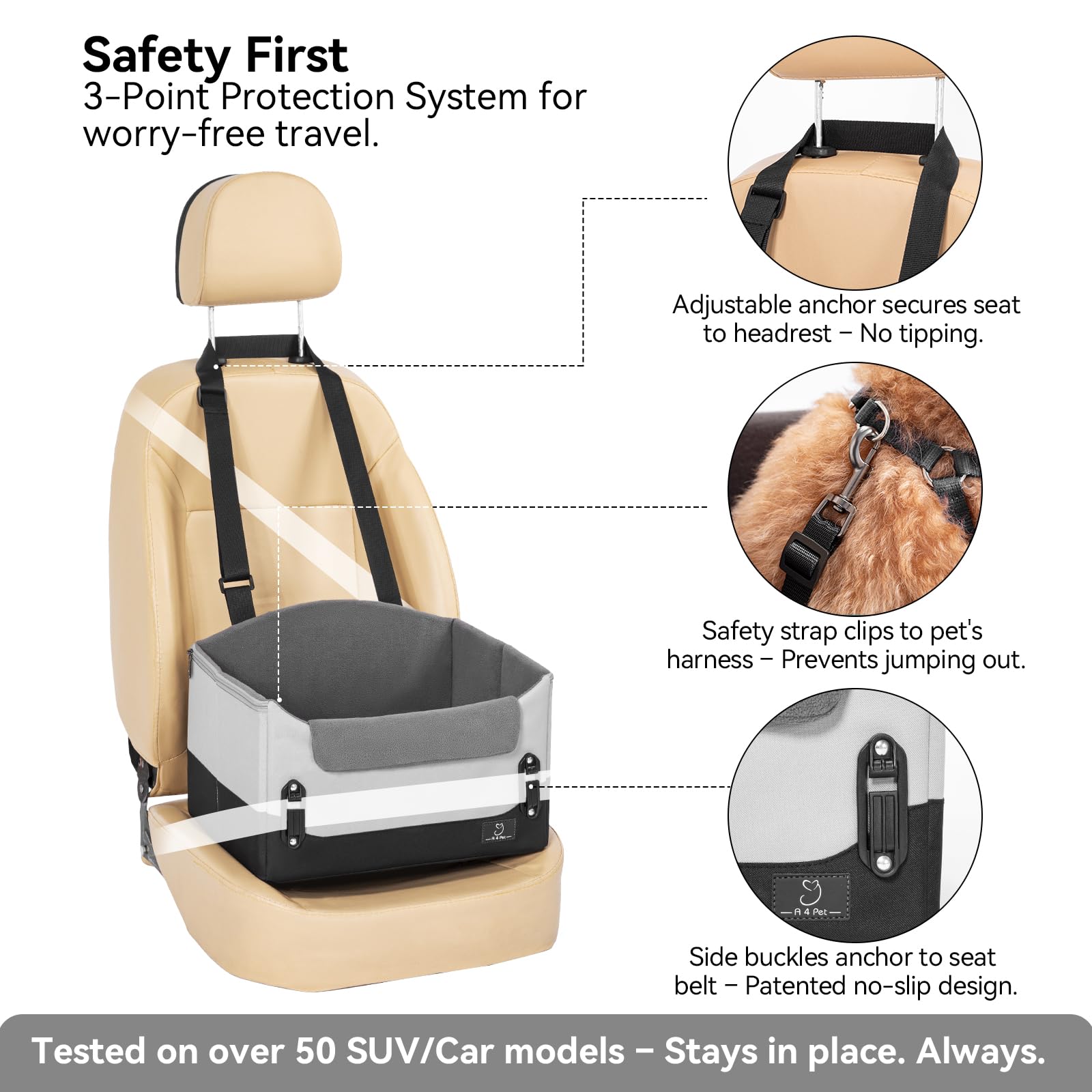 A4 Pet dog car seat raised height lets anxious dogs see outside for calmer rides.