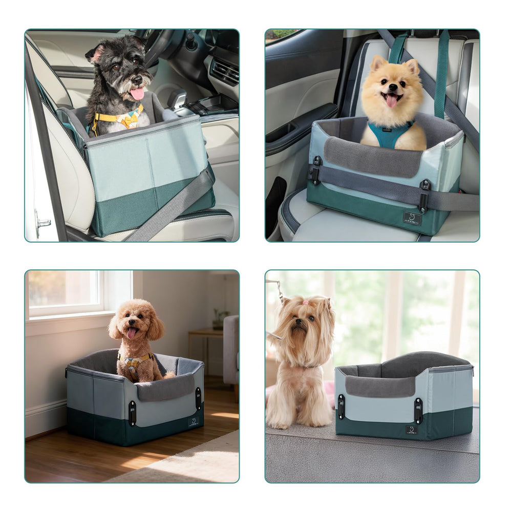 A4 Pet seat in car with child seatbelt installation for universal compatibility.