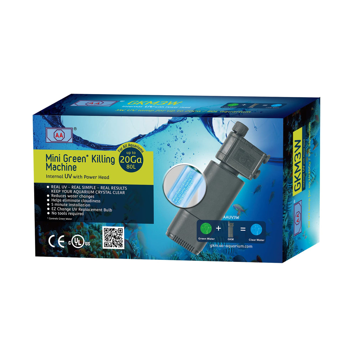 AA GKM3W mini internal UV power head for small aquariums improves water clarity.