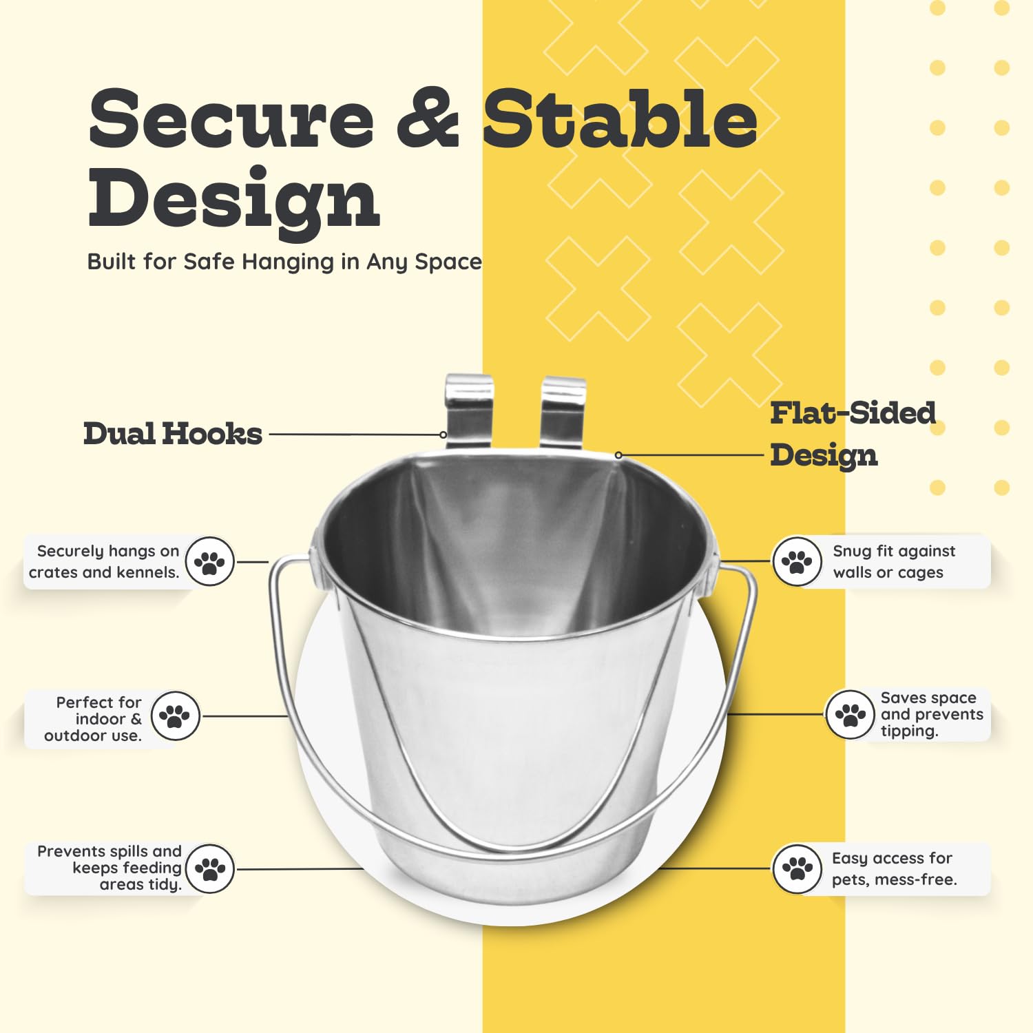 AASPIRE PETS multi-use design holds food, water, or treats in kennels.
