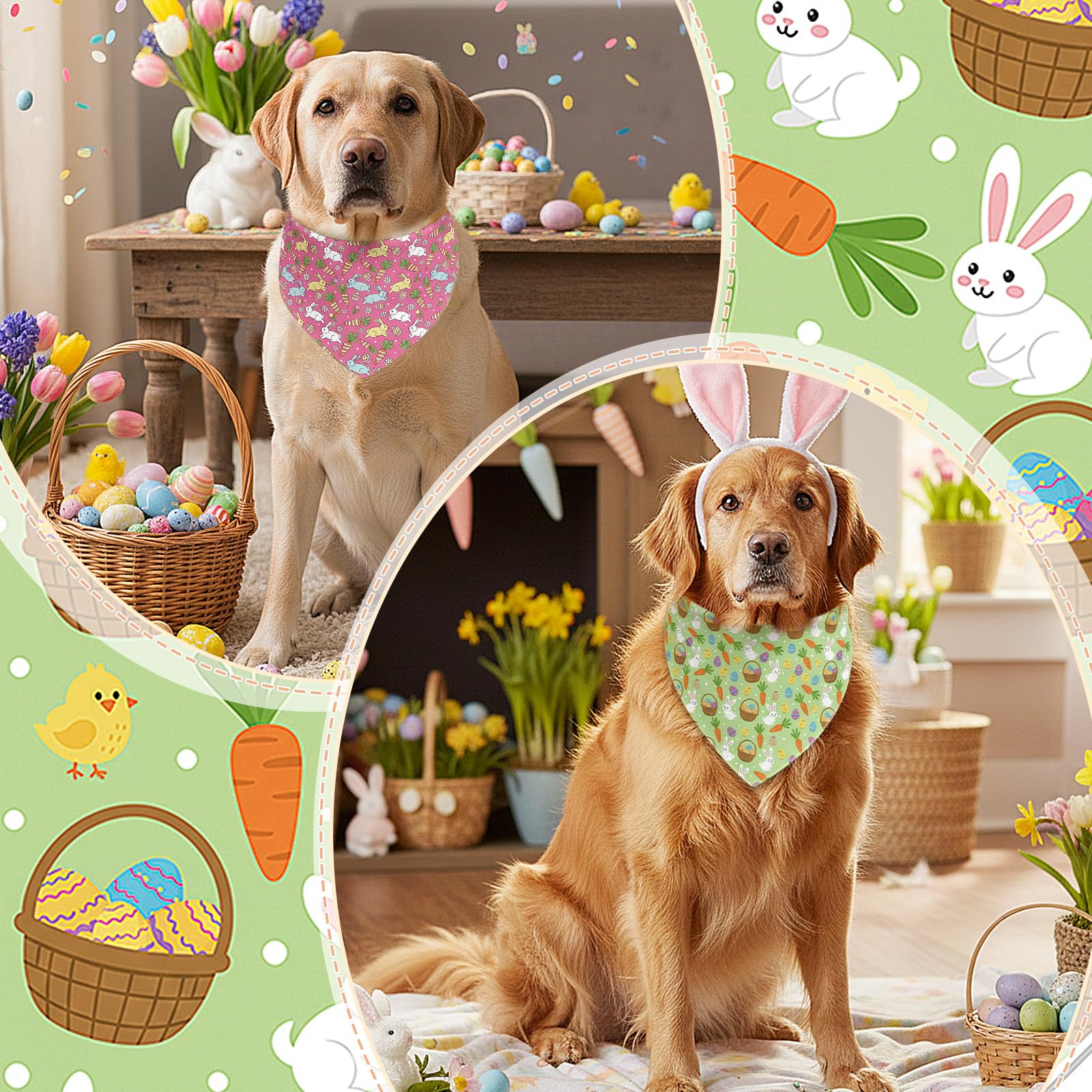 Abbylike Easter-themed bandanas collection with bunny, egg, and carrot designs for festive dogs.