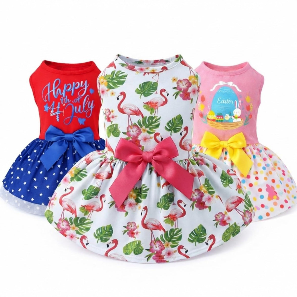 Abbylike summer dog dress with palm leaves and flamingos for sunny beach days