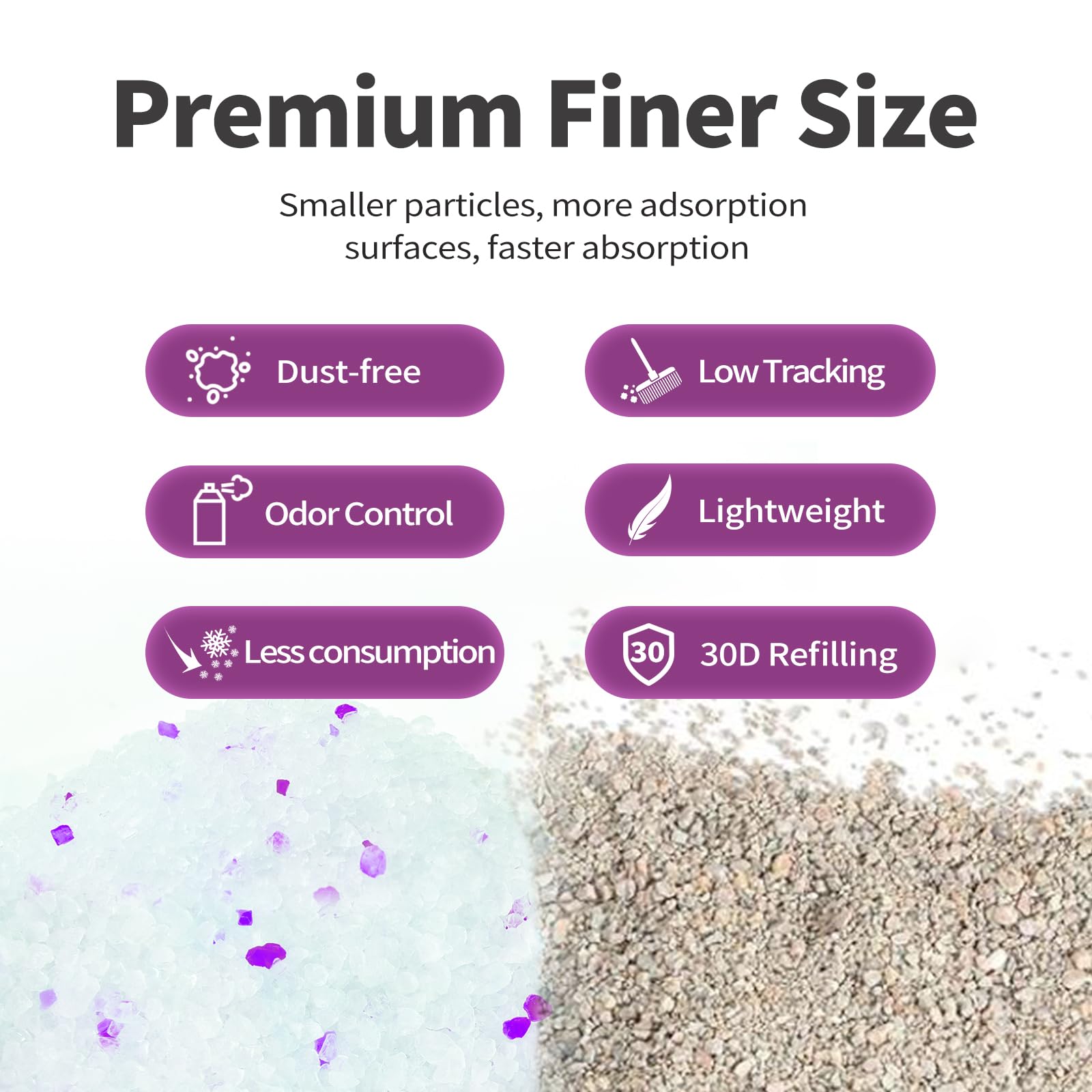 ABCpet low-dust formula appears as nearly powder-free crystals for cleaner air.