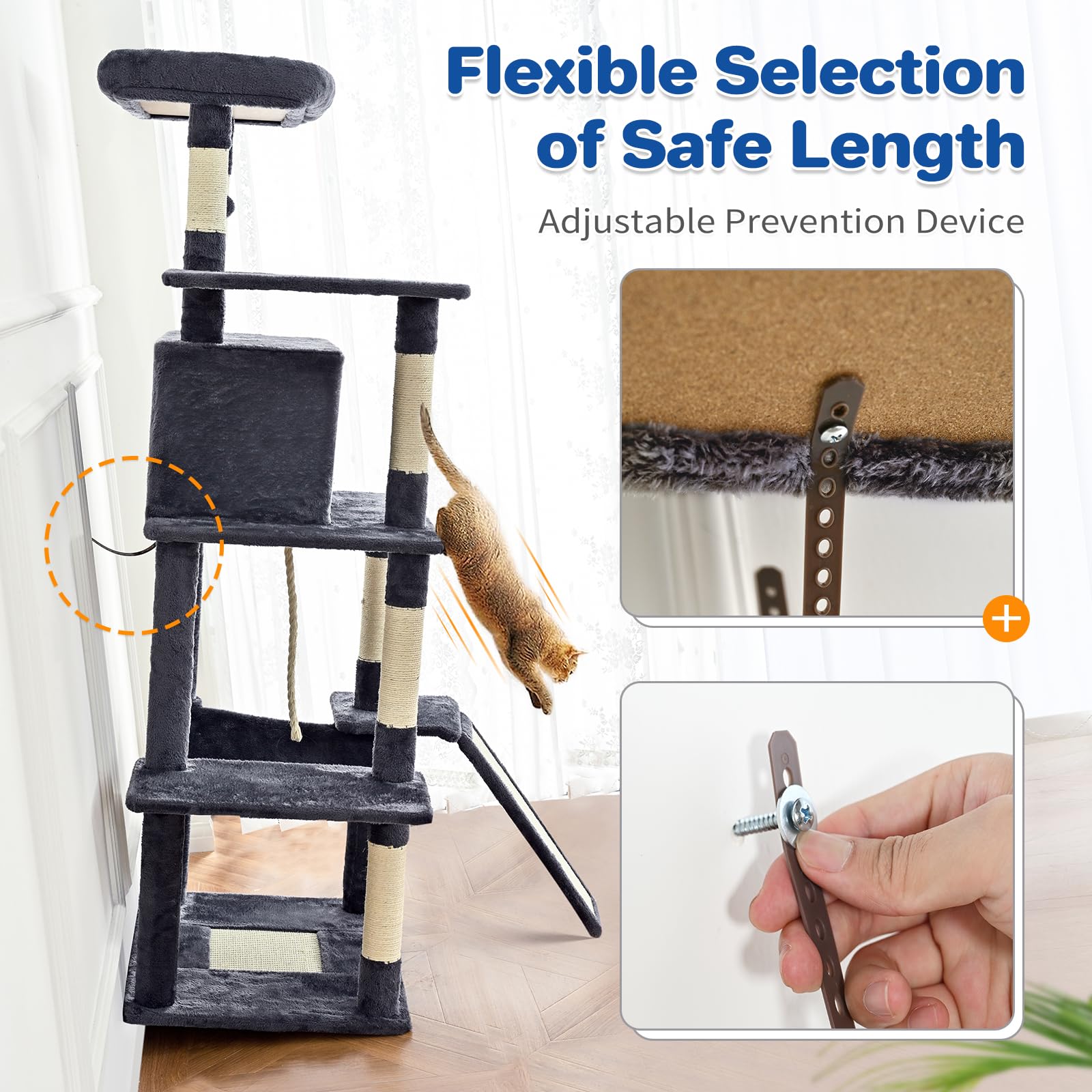 ABCPET cat tree tower 63in anti-tipping kit adds wall stability.