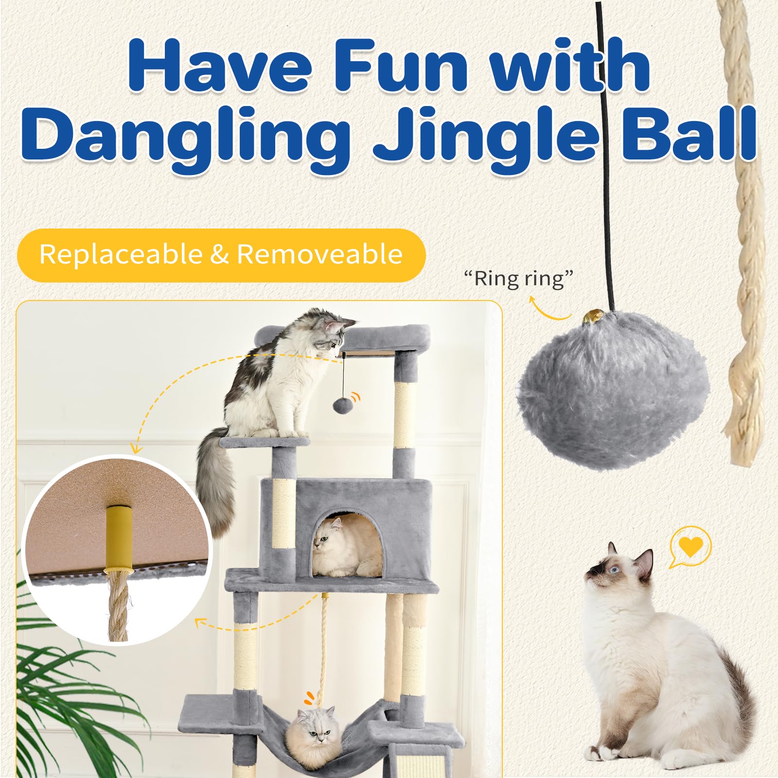 ABCPET cat tree tower 63in dangling ball invites interactive play and chase.