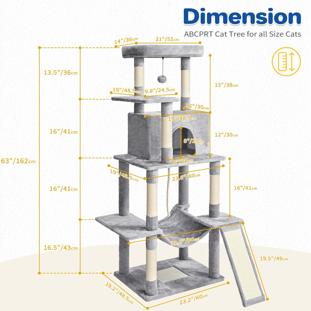ABCPET cat tree tower 63in easy assembly with labeled parts and tools.