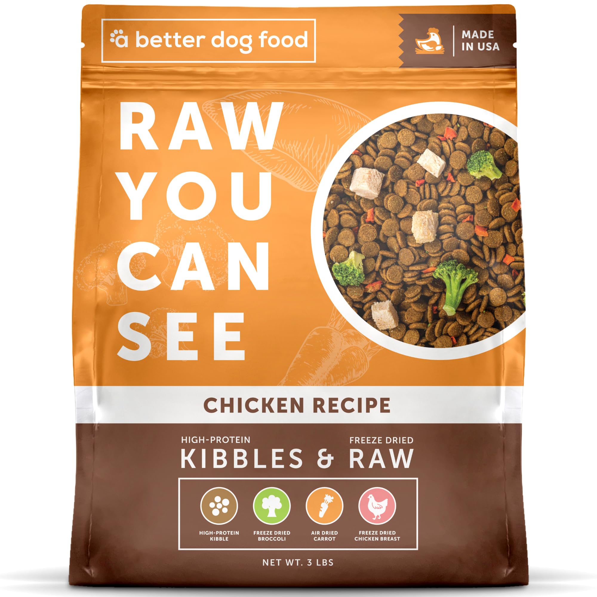A Better Treat chicken dry dog food bag highlights high quality protein for active dogs