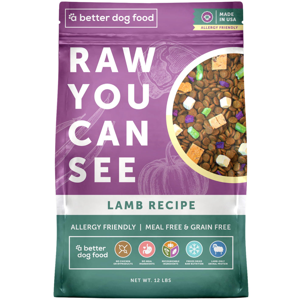 A Better Treat lamb dry dog food bag highlighting lamb protein for sensitive stomachs.