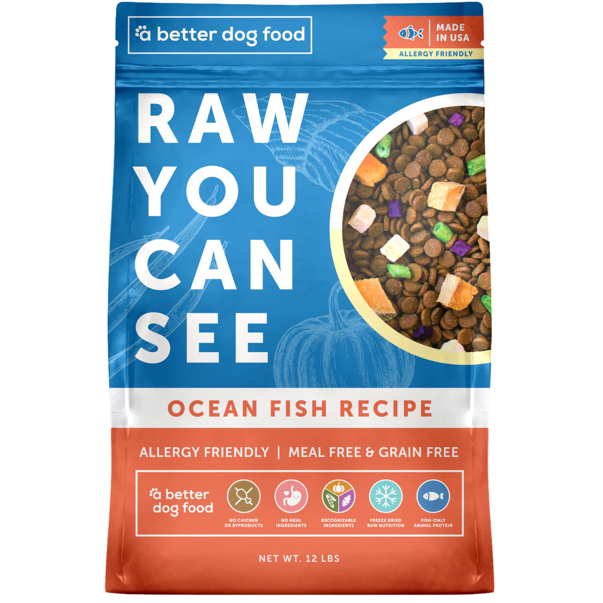 A Better Treat Ocean Blend in a bowl, digestion-friendly dry dog food
