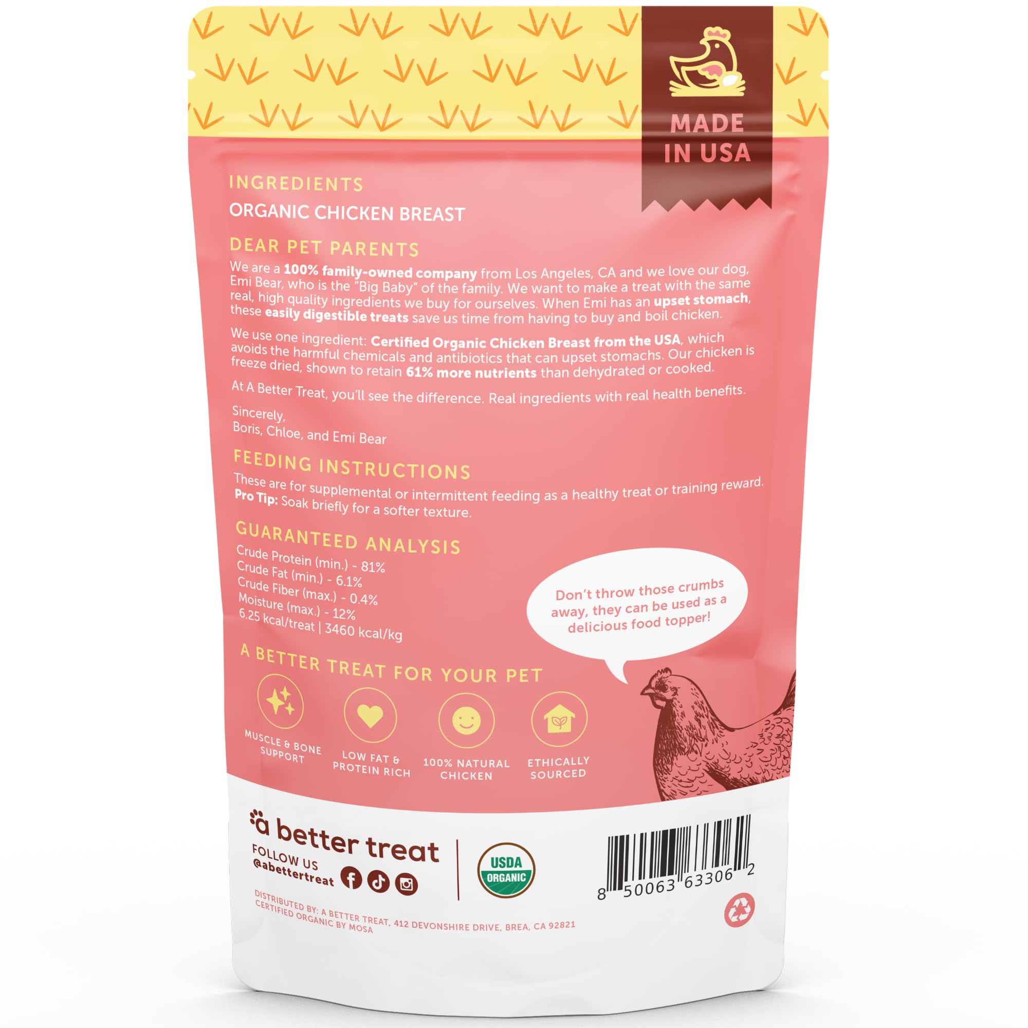 A Better Treat organic freeze dried chicken breast dog treat ingredients list highlighting single-ingredient simplicity