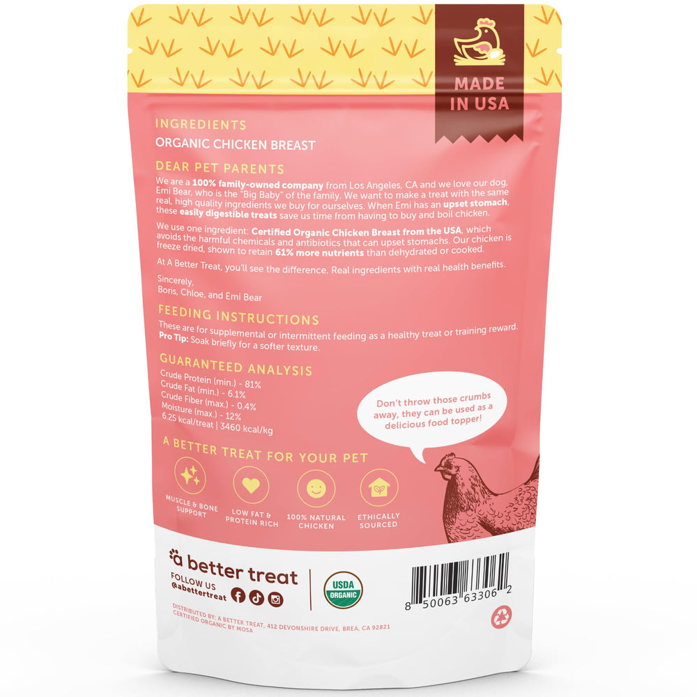 A Better Treat organic freeze dried chicken breast dog treat ingredients list highlighting single-ingredient simplicity